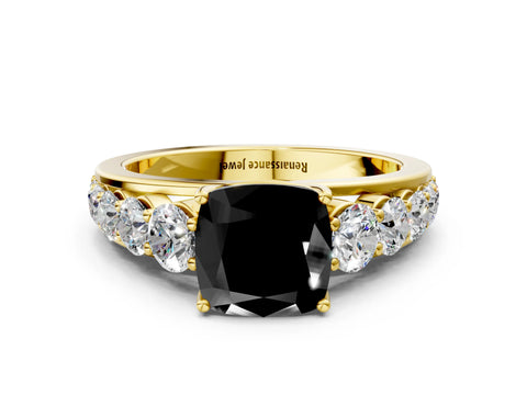 Yellow gold Fancy Black Cushion Cut Brilliant Diamond Pavé Band with Six-Prong Setting