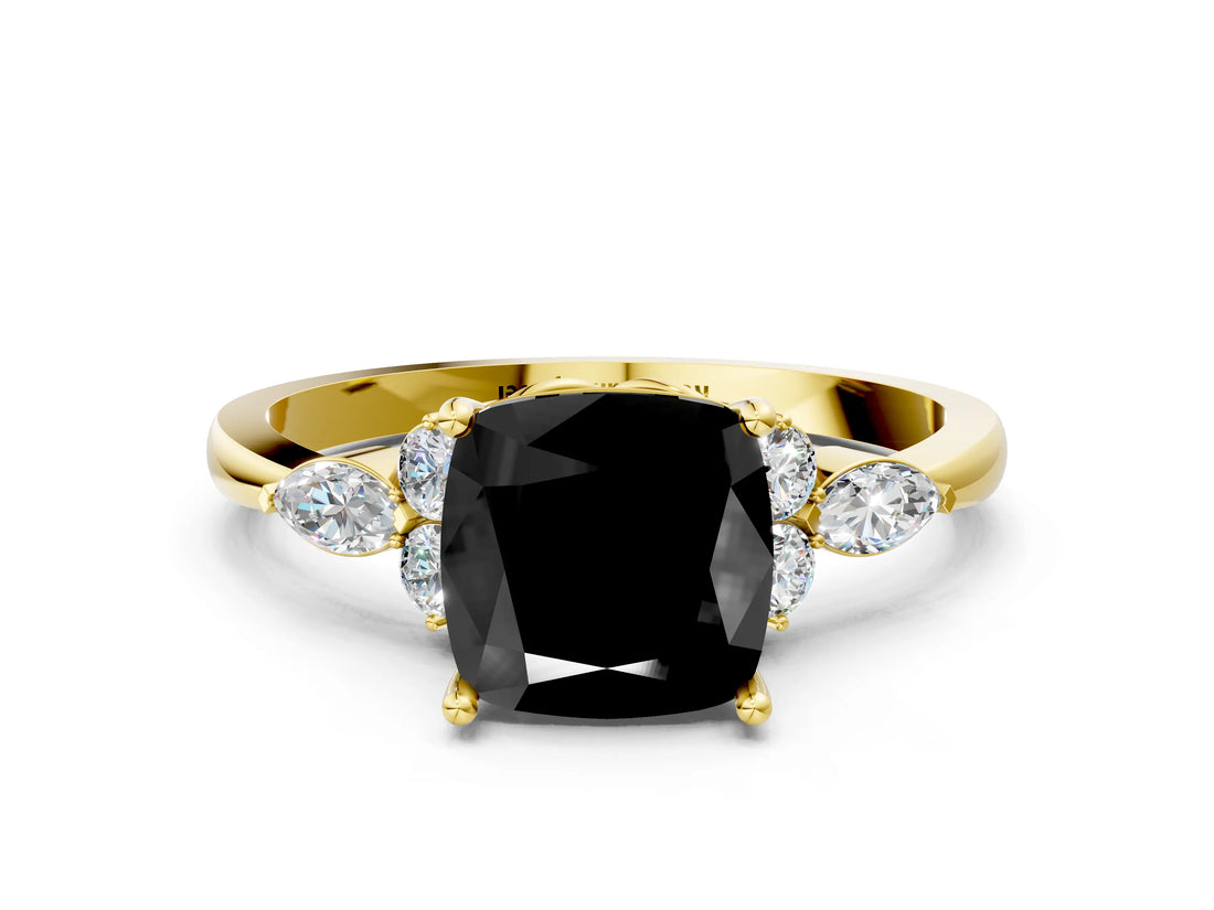 Yellow gold Fancy Black Cushion Cut Brilliant Diamond Solitaire Ring with Pear Side Stones and Four-Prong Setting_3