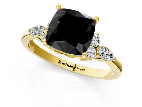 Yellow gold Fancy Black Cushion Cut Brilliant Diamond Solitaire Ring with Pear Side Stones and Four-Prong Setting_4