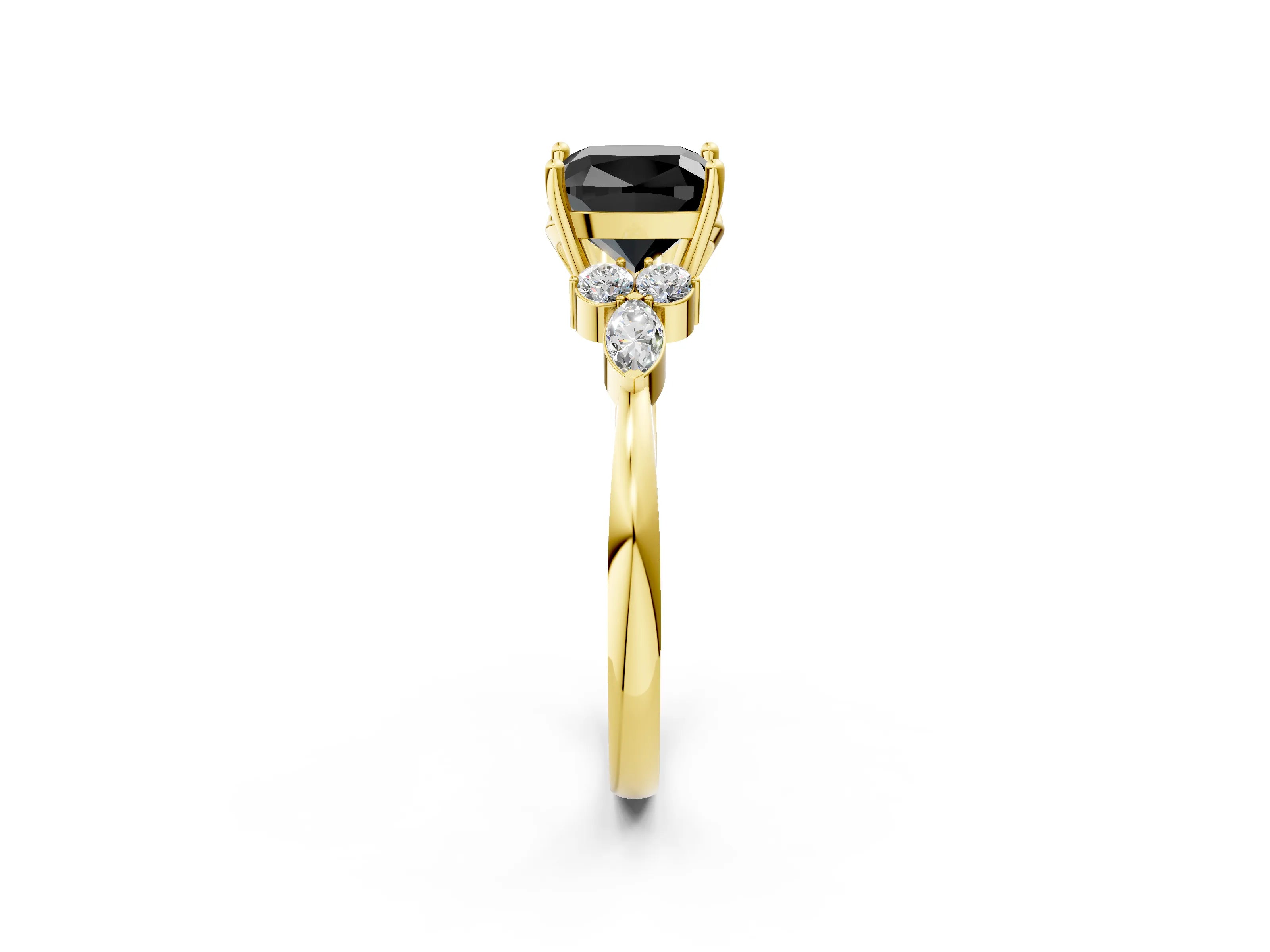 Yellow gold Fancy Black Cushion Cut Brilliant Diamond Solitaire Ring with Pear Side Stones and Four-Prong Setting_5