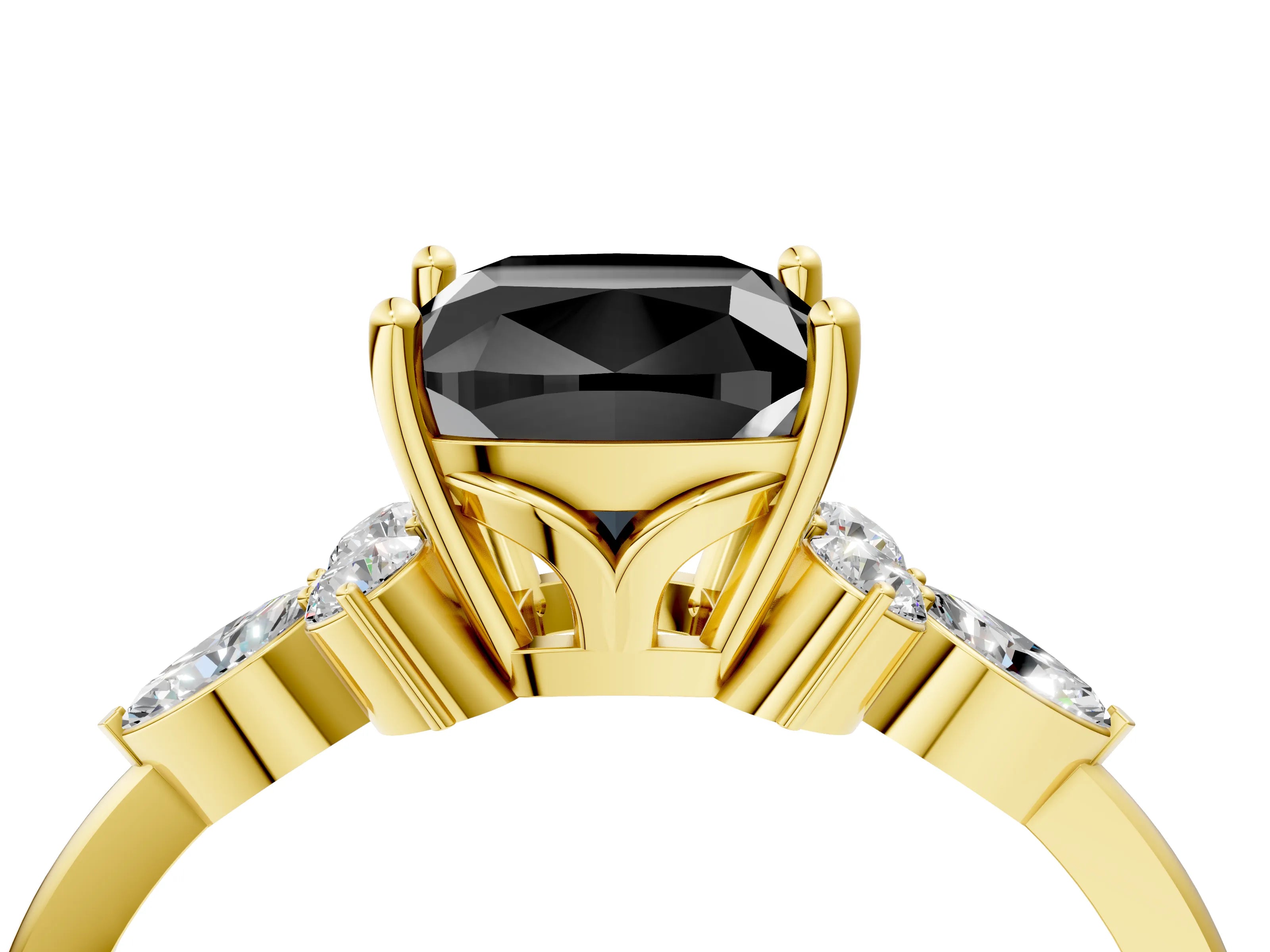 Yellow gold Fancy Black Cushion Cut Brilliant Diamond Solitaire Ring with Pear Side Stones and Four-Prong Setting_7