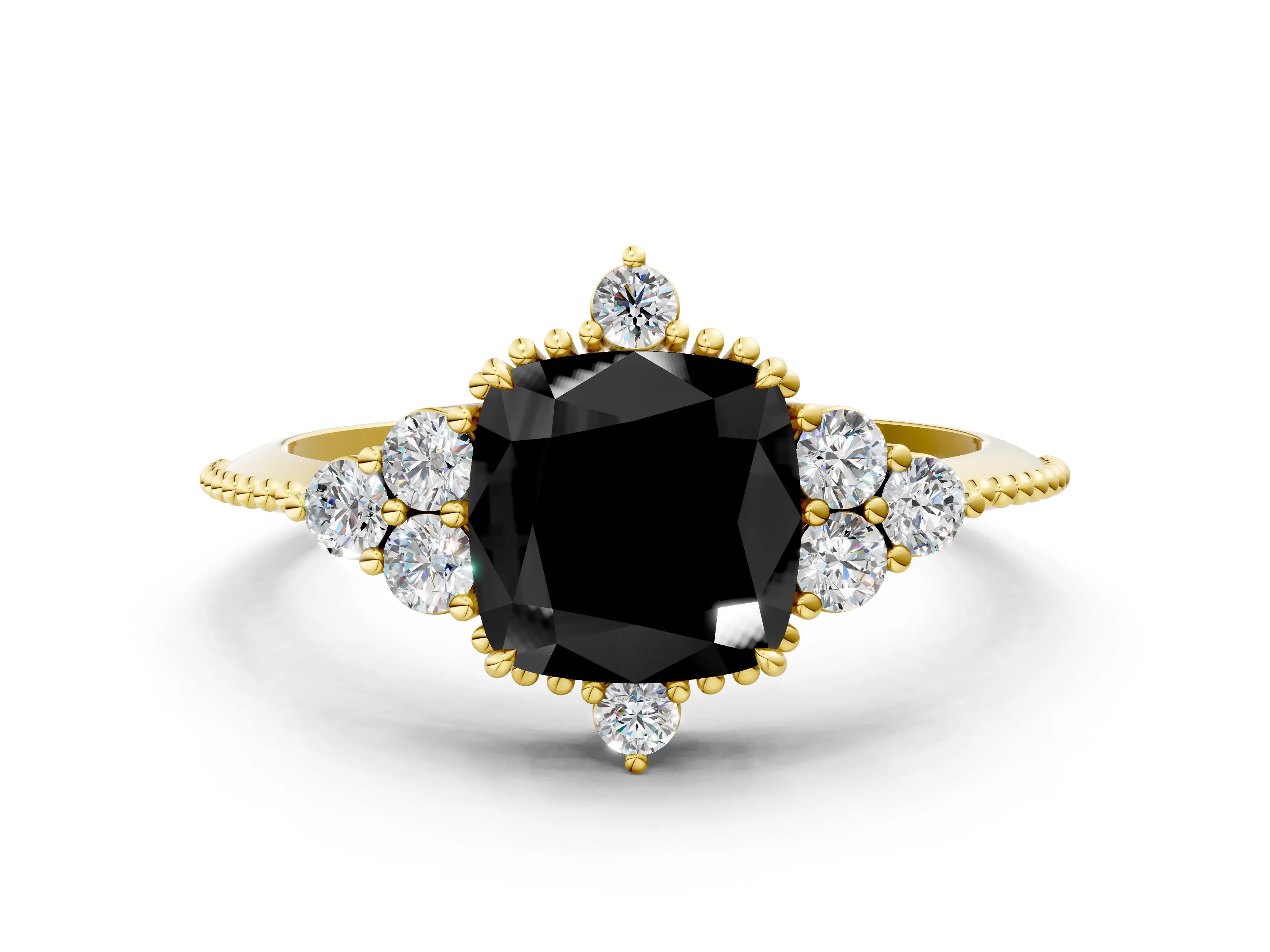 Yellow gold Fancy Black Cushion Cut Brilliant Diamond with Cluster Setting on a Beaded Band and Four-Prong Setting