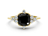Yellow gold Fancy Black Cushion Cut Brilliant Diamond with Cluster Setting on a Beaded Band and Four-Prong Setting