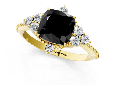 Yellow gold Fancy Black Cushion Cut Brilliant Diamond with Cluster Setting on a Beaded Band and Four-Prong Setting_1