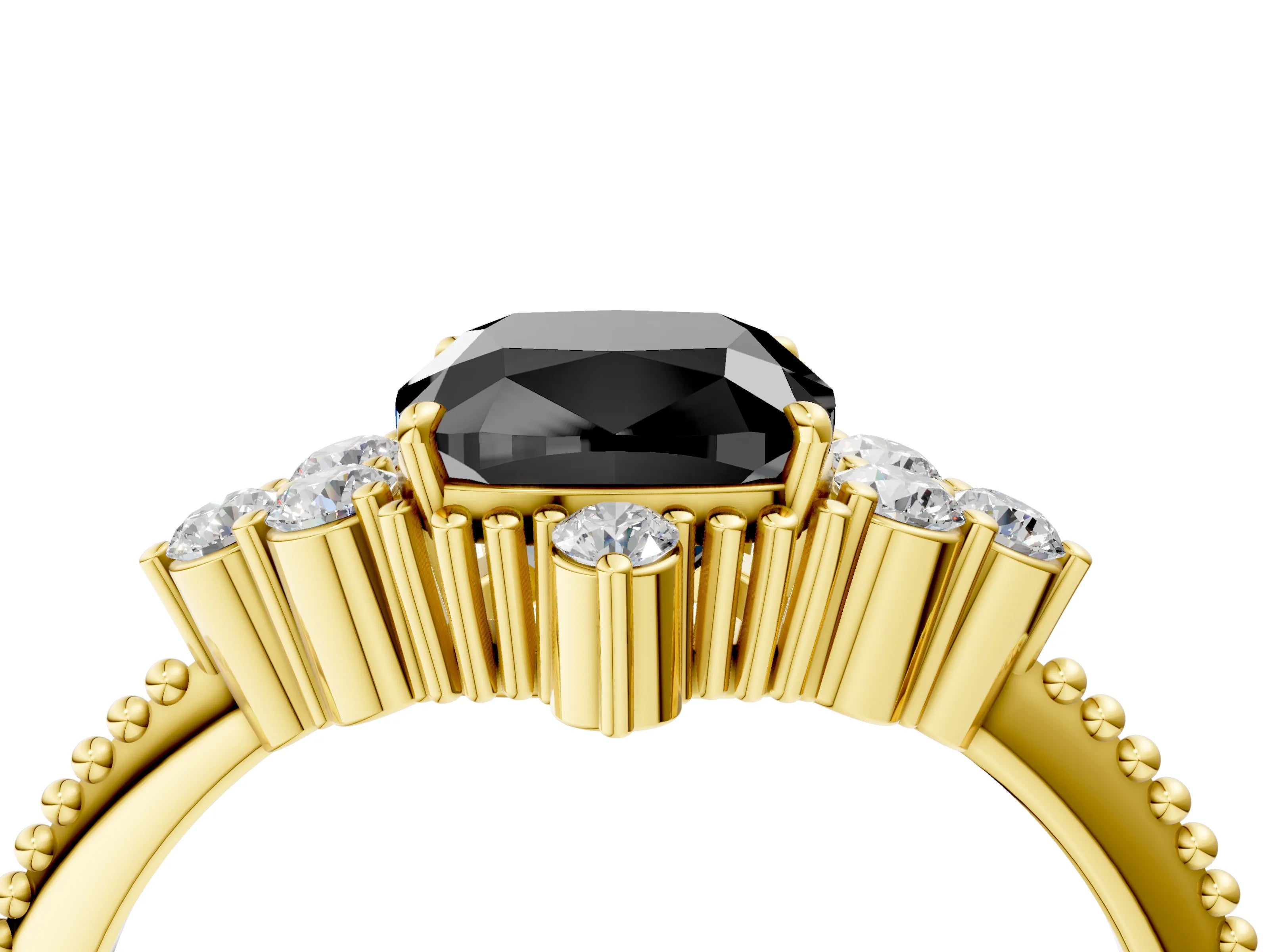 Yellow gold Fancy Black Cushion Cut Brilliant Diamond with Cluster Setting on a Beaded Band and Four-Prong Setting_4