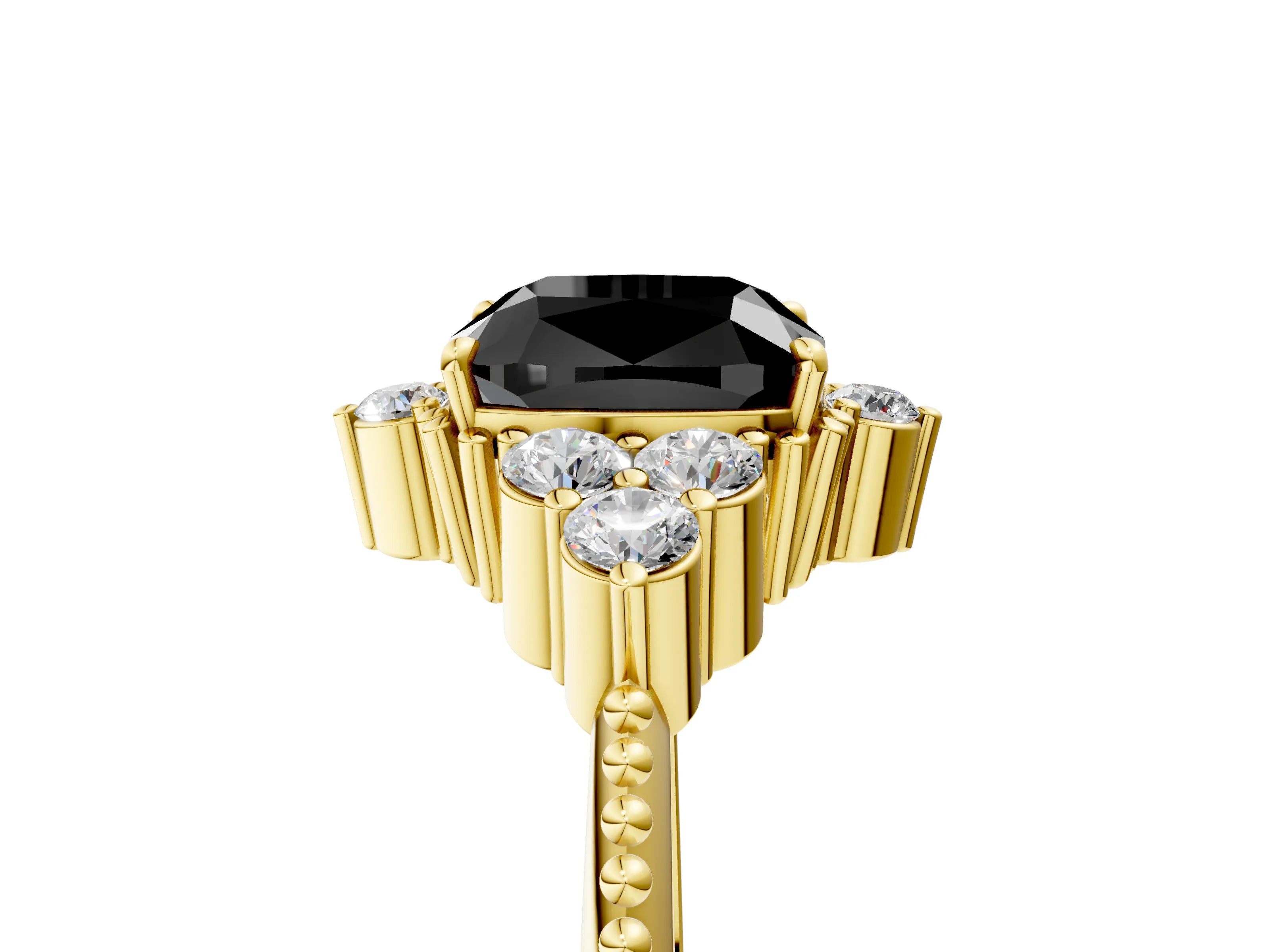 Yellow gold Fancy Black Cushion Cut Brilliant Diamond with Cluster Setting on a Beaded Band and Four-Prong Setting_5