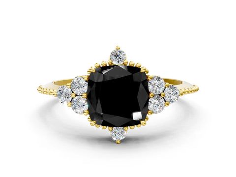 Yellow gold Fancy Black Cushion Cut Brilliant Diamond with Cluster Setting on a Beaded Band and Four-Prong Setting