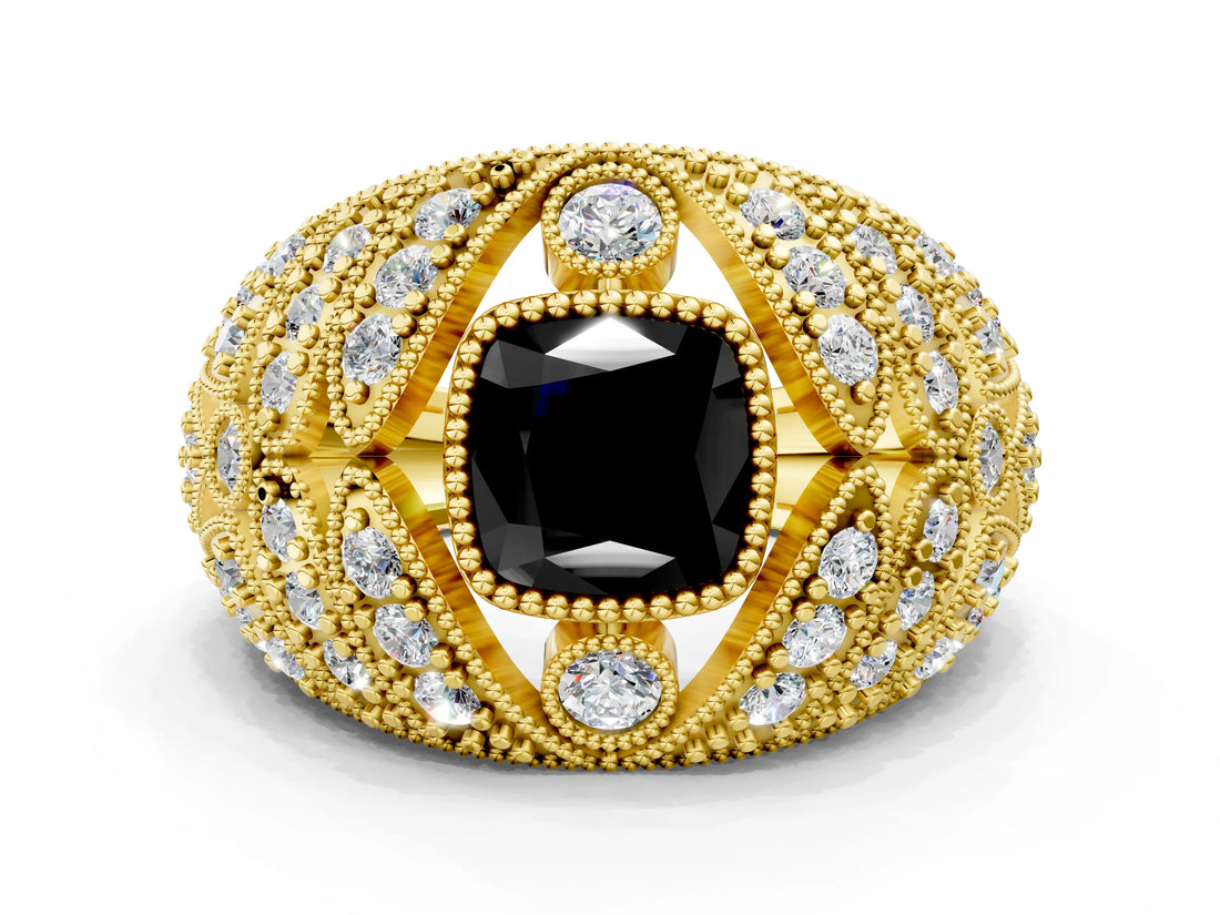 Yellow gold Fancy Black Cushion Cut Brilliant Halo Pave Diamond Milgrain Ring