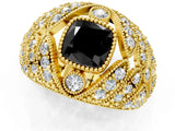Yellow gold Fancy Black Cushion Cut Brilliant Halo Pave Diamond Milgrain Ring_1