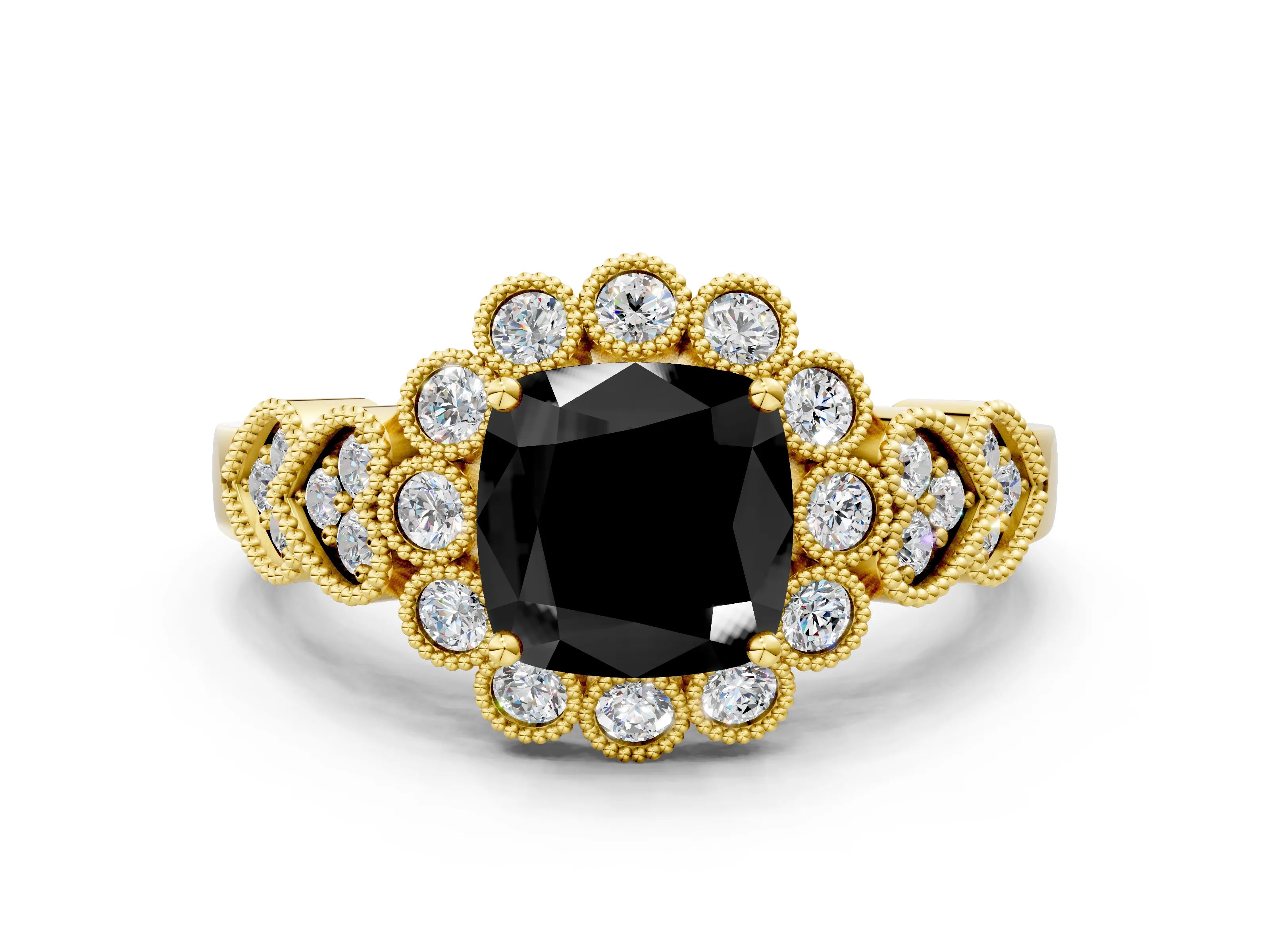 Yellow gold Fancy Black Cushion Cut Brilliant Milgrain Pave Heart Band Solitaire Ring