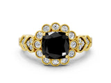 Yellow gold Fancy Black Cushion Cut Brilliant Milgrain Pave Heart Band Solitaire Ring