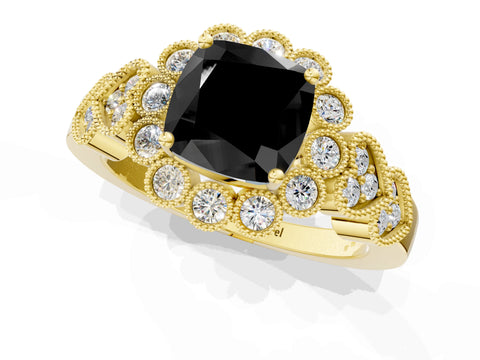 Yellow gold Fancy Black Cushion Cut Brilliant Milgrain Pave Heart Band Solitaire Ring_1