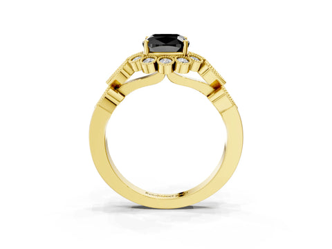 Yellow gold Fancy Black Cushion Cut Brilliant Milgrain Pave Heart Band Solitaire Ring_3