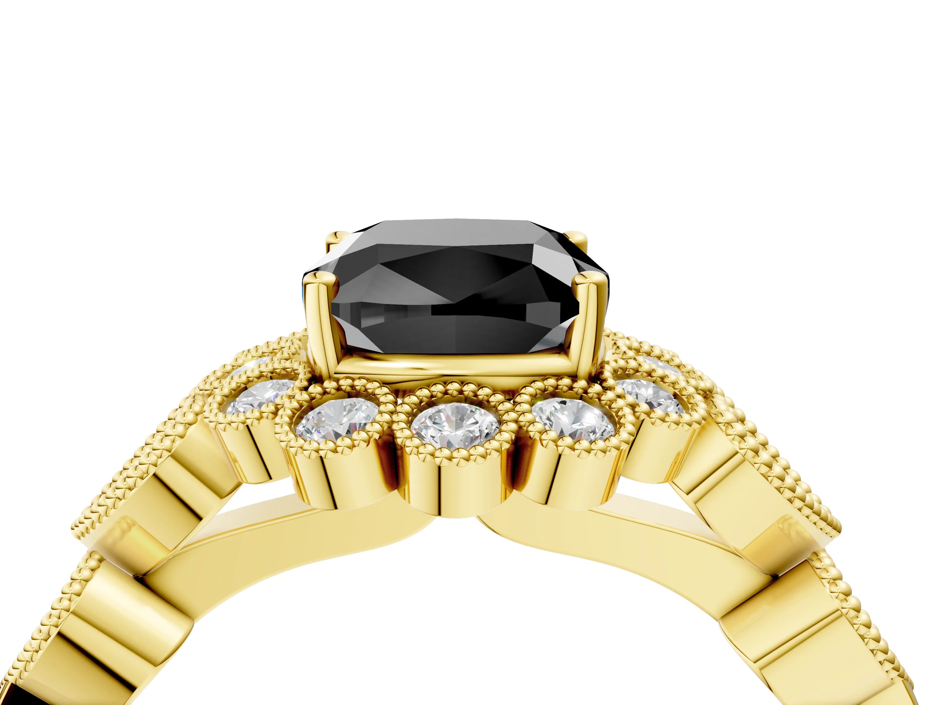 Yellow gold Fancy Black Cushion Cut Brilliant Milgrain Pave Heart Band Solitaire Ring_4