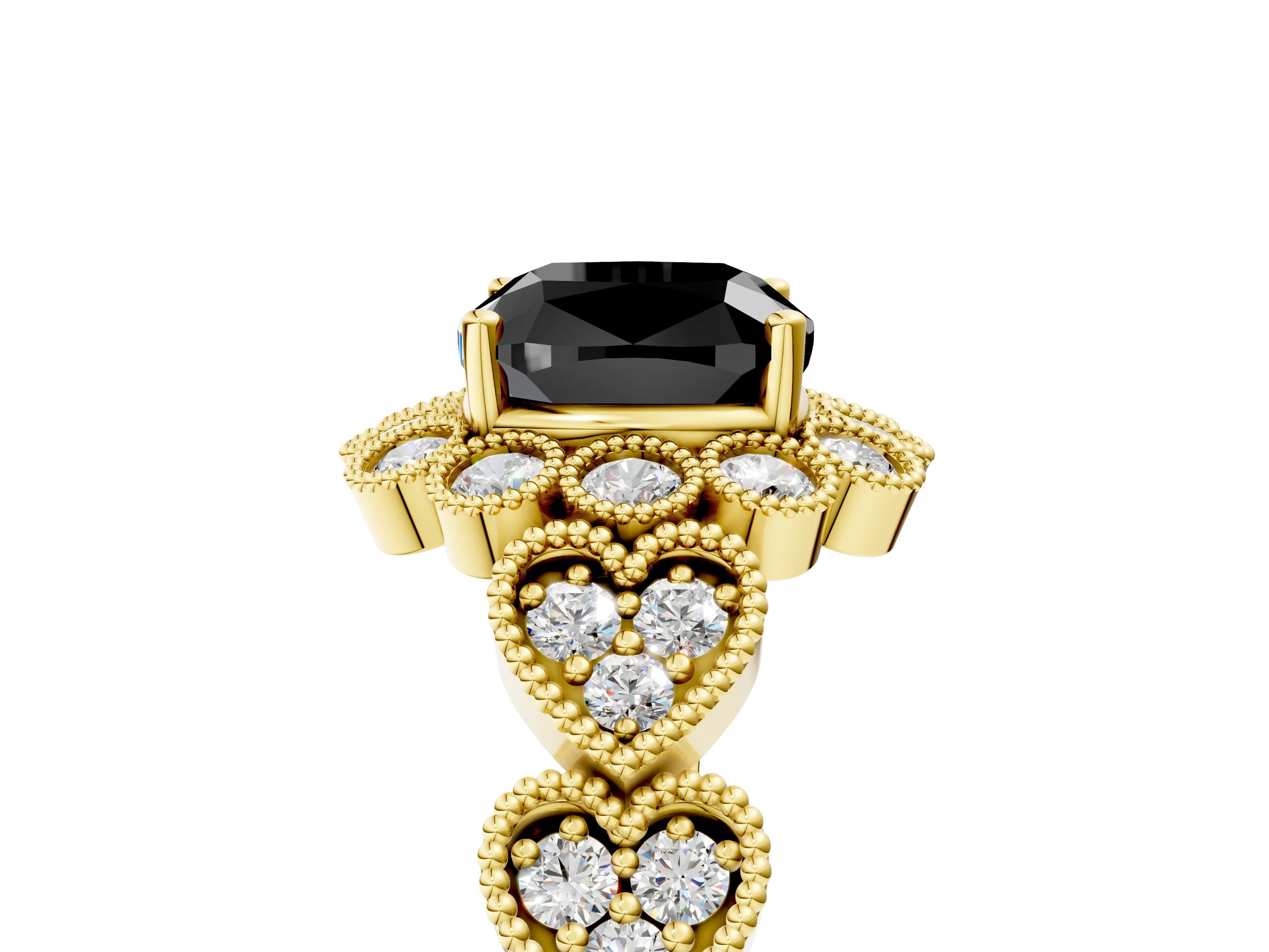 Yellow gold Fancy Black Cushion Cut Brilliant Milgrain Pave Heart Band Solitaire Ring_5