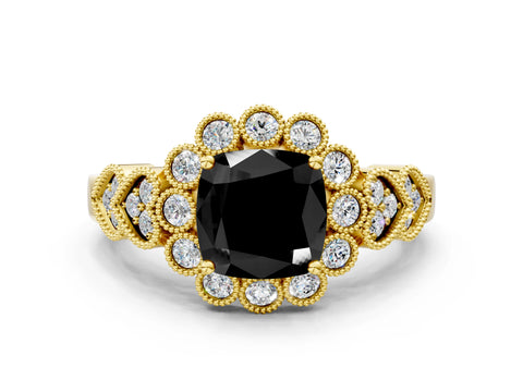 Yellow gold Fancy Black Cushion Cut Brilliant Milgrain Pave Heart Band Solitaire Ring
