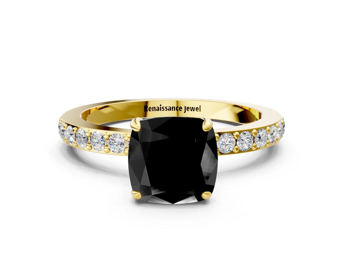 Yellow gold Fancy Black Cushion Cut Brilliant Pavé Band Solitaire with Four-Prong Setting