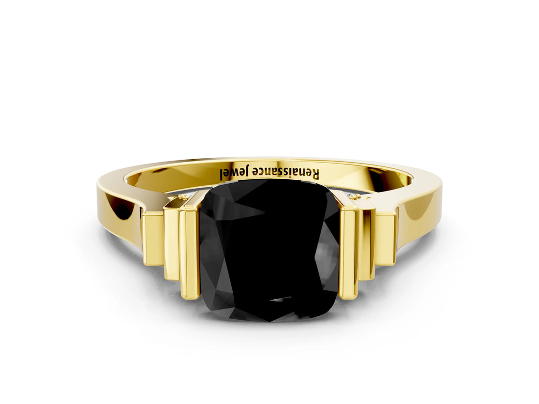 Yellow gold Fancy Black Cushion Cut Brilliant Solitaire Diamond Ring with Channel Set Band and Bar Prong Setting_6