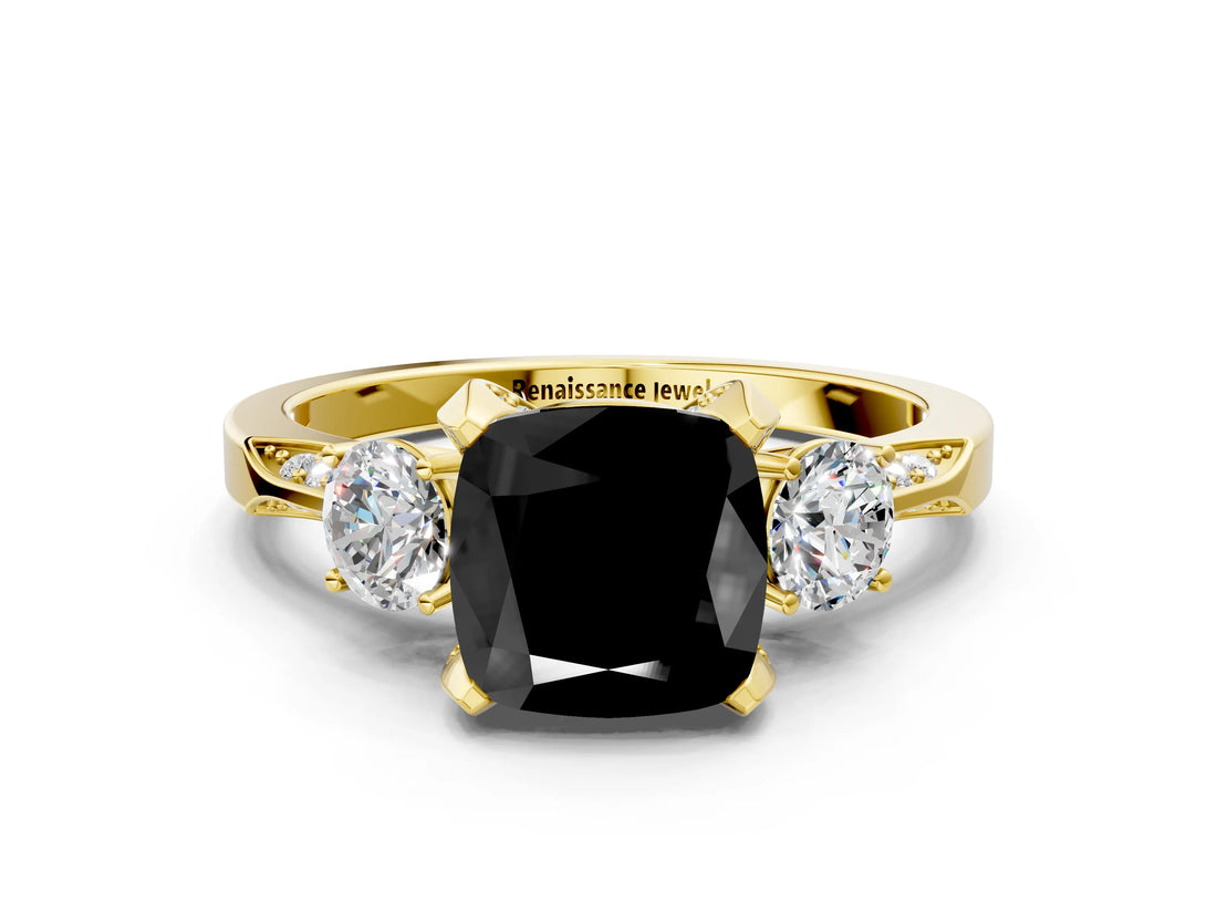 Yellow gold Fancy Black Cushion Cut Brilliant Three-Stone Diamond Ring with Pavé Band and Four-Prong Setting_23