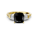 Yellow gold Fancy Black Cushion Cut Brilliant Three-Stone Pave Band with Four-Prong Setting