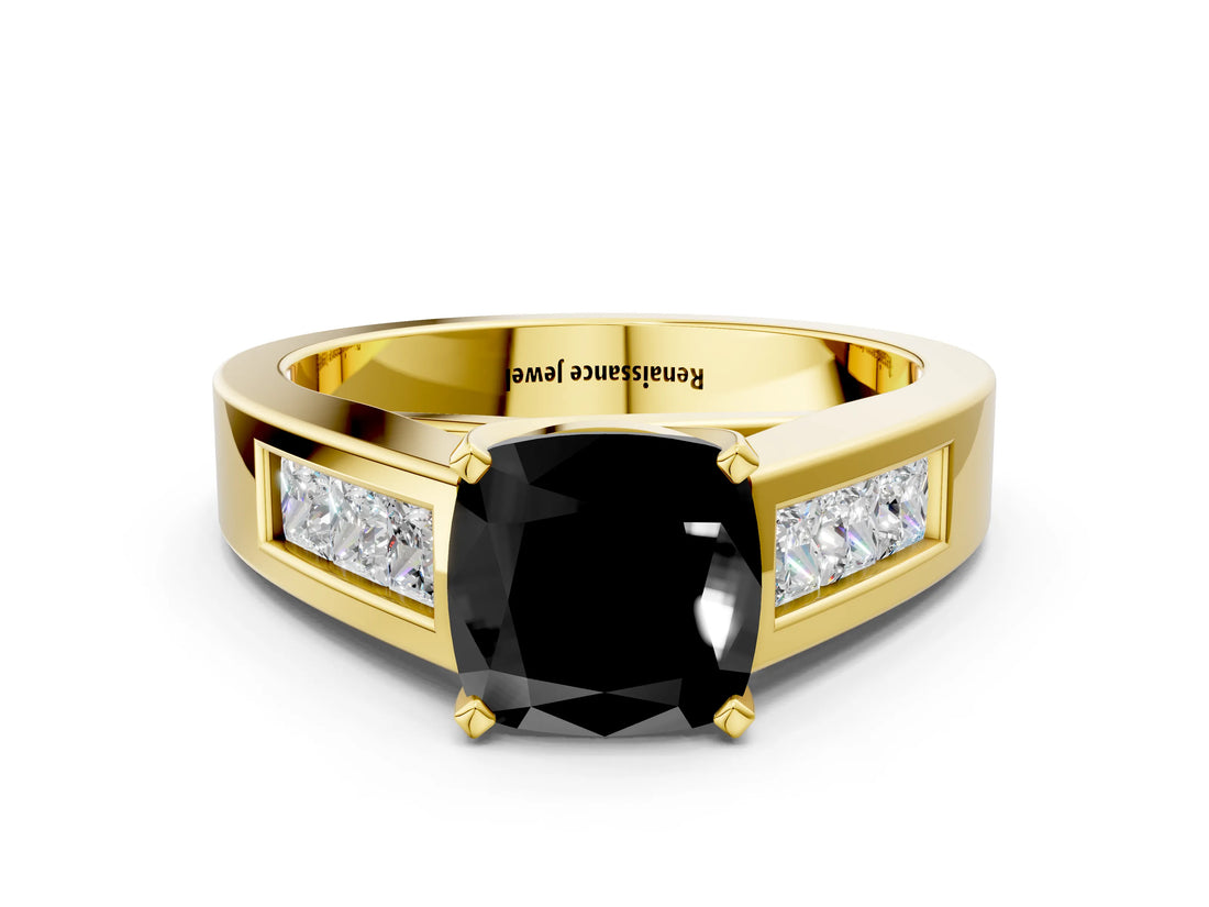 Yellow gold Fancy Black Cushion Cut Cut Channel Set Solitaire Ring with Four-Prong Setting