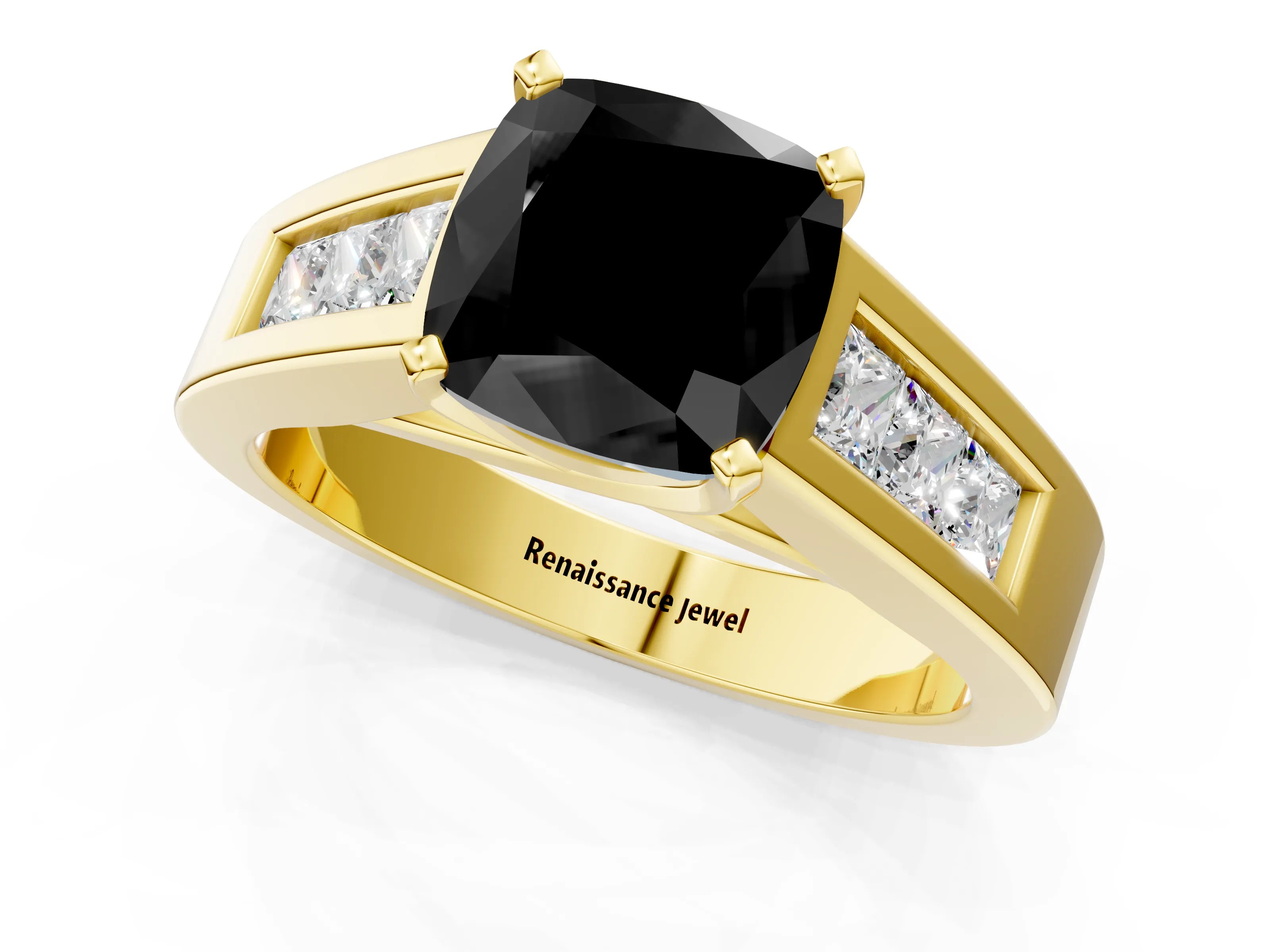 Yellow gold Fancy Black Cushion Cut Cut Channel Set Solitaire Ring with Four-Prong Setting_1