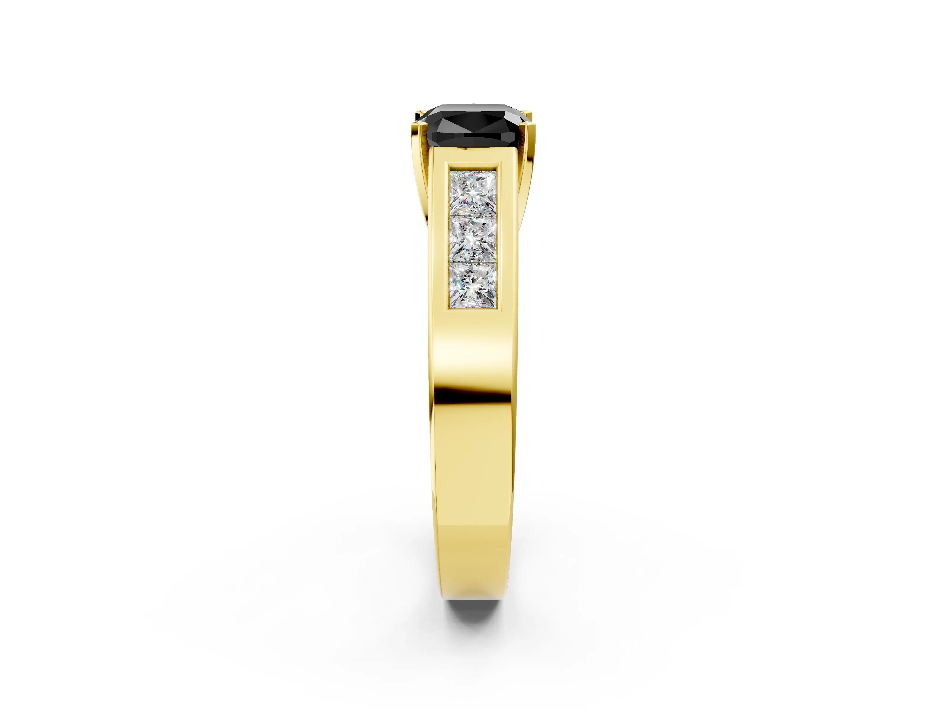 Yellow gold Fancy Black Cushion Cut Cut Channel Set Solitaire Ring with Four-Prong Setting_2