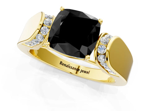 Yellow gold Fancy Black Cushion Cut Cut Diamond Channel Set Solitaire Ring with Four-Prong Setting_1