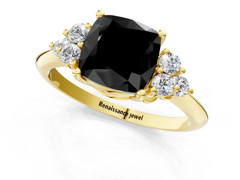 Yellow gold Fancy Black Cushion Cut Cut Diamond Cluster Ring with Solitaire Band and Four-Prong Setting_13