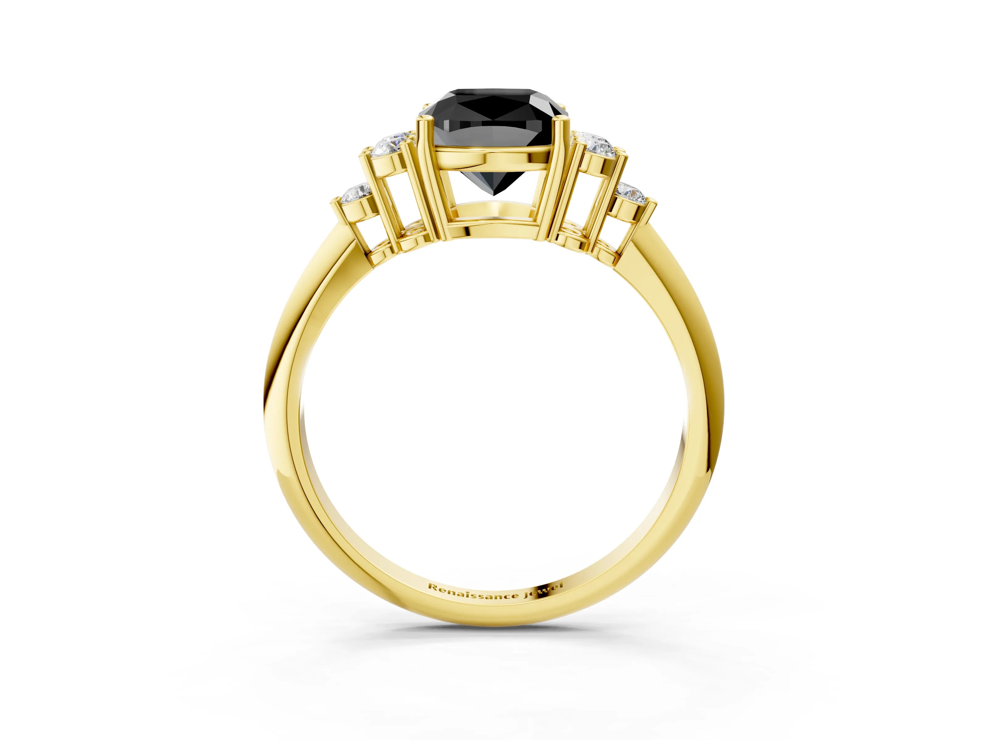 Yellow gold Fancy Black Cushion Cut Cut Diamond Cluster Ring with Solitaire Band and Four-Prong Setting_15