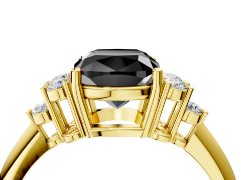 Yellow gold Fancy Black Cushion Cut Cut Diamond Cluster Ring with Solitaire Band and Four-Prong Setting_16