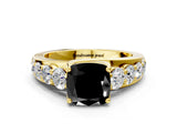 Yellow gold Fancy Black Cushion Cut Cut Diamond Engagement Ring with Pavé Band and Four-Prong Setting