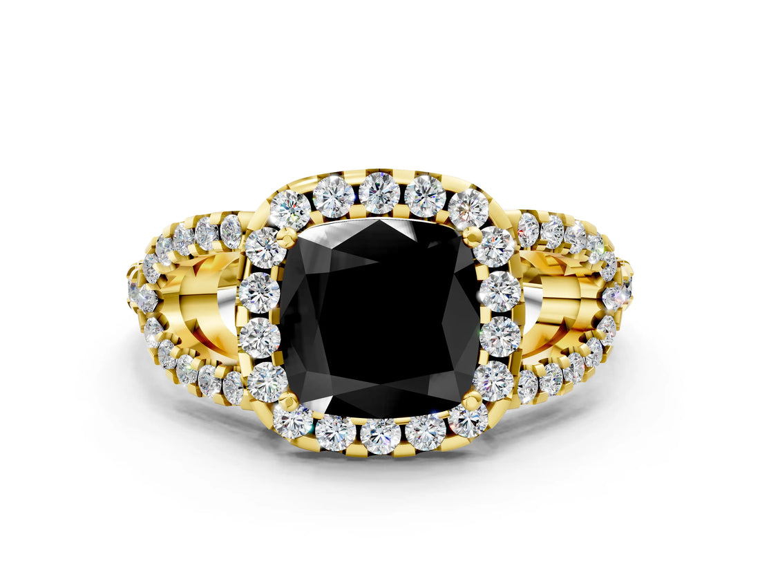 Yellow gold Fancy Black Cushion Cut Cut Diamond Halo Engagement Ring with Open Split Pavé Band