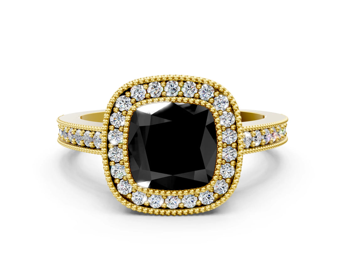 Yellow gold Fancy Black Cushion Cut-Cut Diamond Halo Engagement Ring with Pave Band and Prong Setting