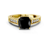 Yellow gold Fancy Black Cushion Cut Cut Diamond Milgrain Pave Band Four-Prong Setting Ring_3