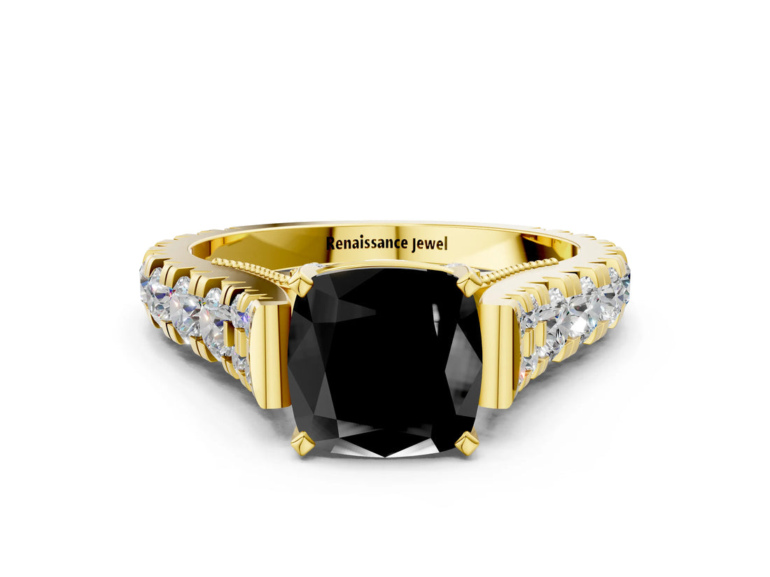 Yellow gold Fancy Black Cushion Cut Cut Diamond Pavé Band Solitaire with Four-Prong Setting