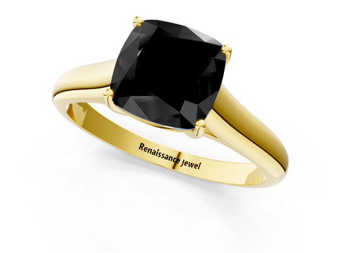 Yellow gold Fancy Black Cushion Cut Cut Diamond Solitaire Engagement Ring with Tapered Plain Band and Four-Prong Setting_1