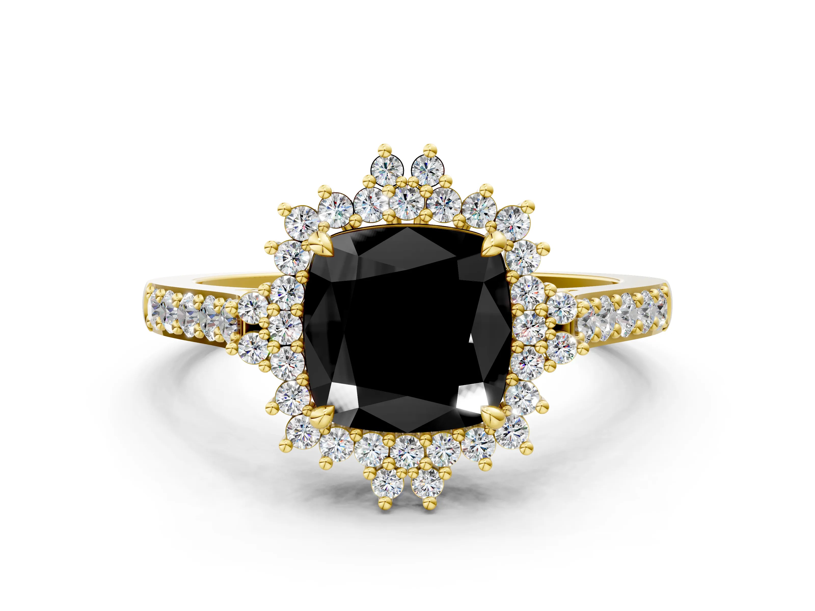 Yellow gold Fancy Black Cushion Cut Cut Diamond Sunburst Halo Engagement Ring with Pavé Band