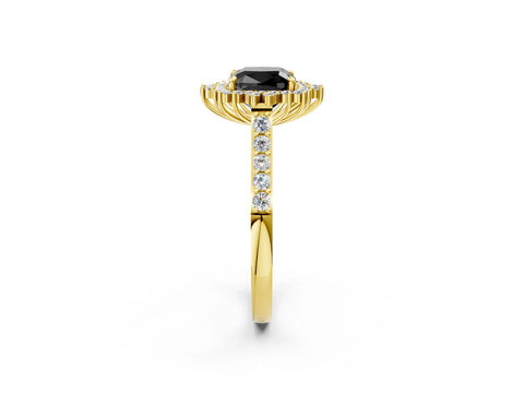 Yellow gold Fancy Black Cushion Cut Cut Diamond Sunburst Halo Engagement Ring with Pavé Band_2
