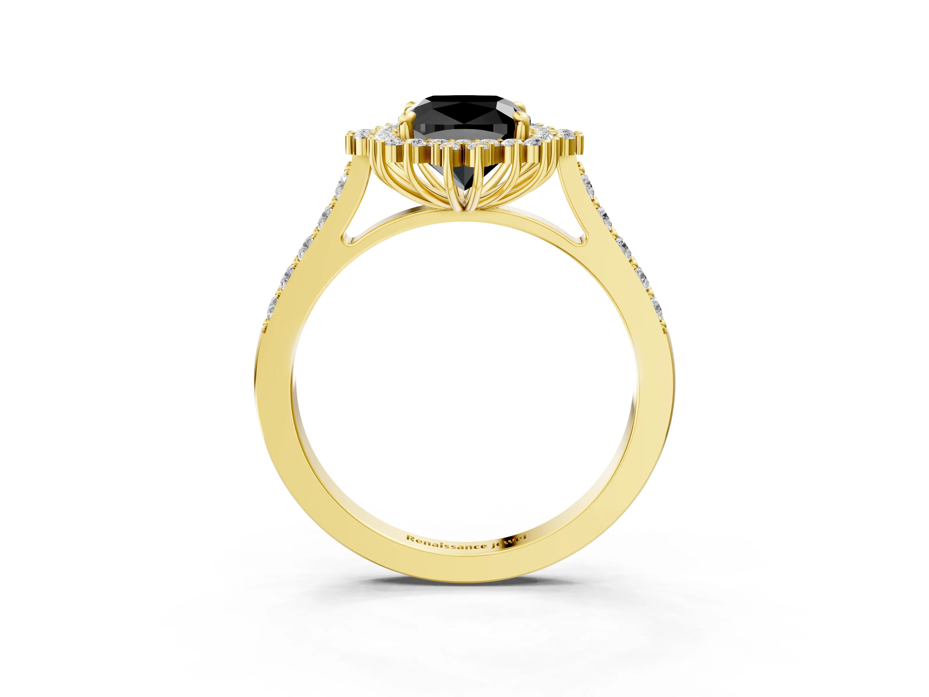 Yellow gold Fancy Black Cushion Cut Cut Diamond Sunburst Halo Engagement Ring with Pavé Band_3