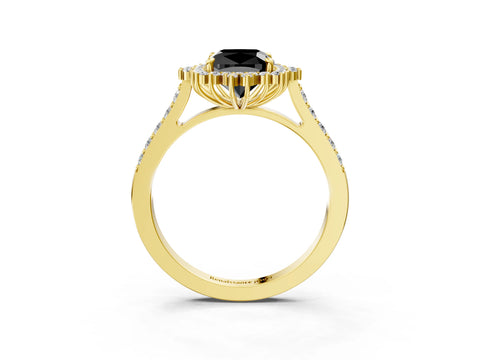 Yellow gold Fancy Black Cushion Cut Cut Diamond Sunburst Halo Engagement Ring with Pavé Band_3