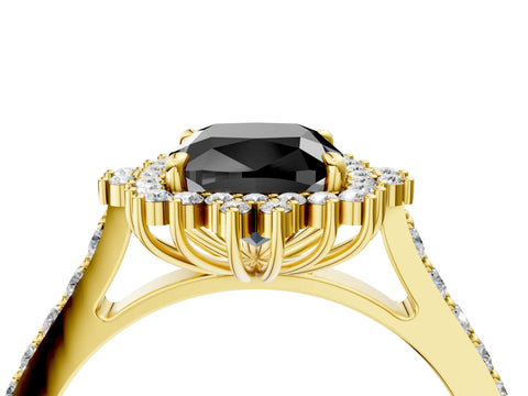 Yellow gold Fancy Black Cushion Cut Cut Diamond Sunburst Halo Engagement Ring with Pavé Band_4