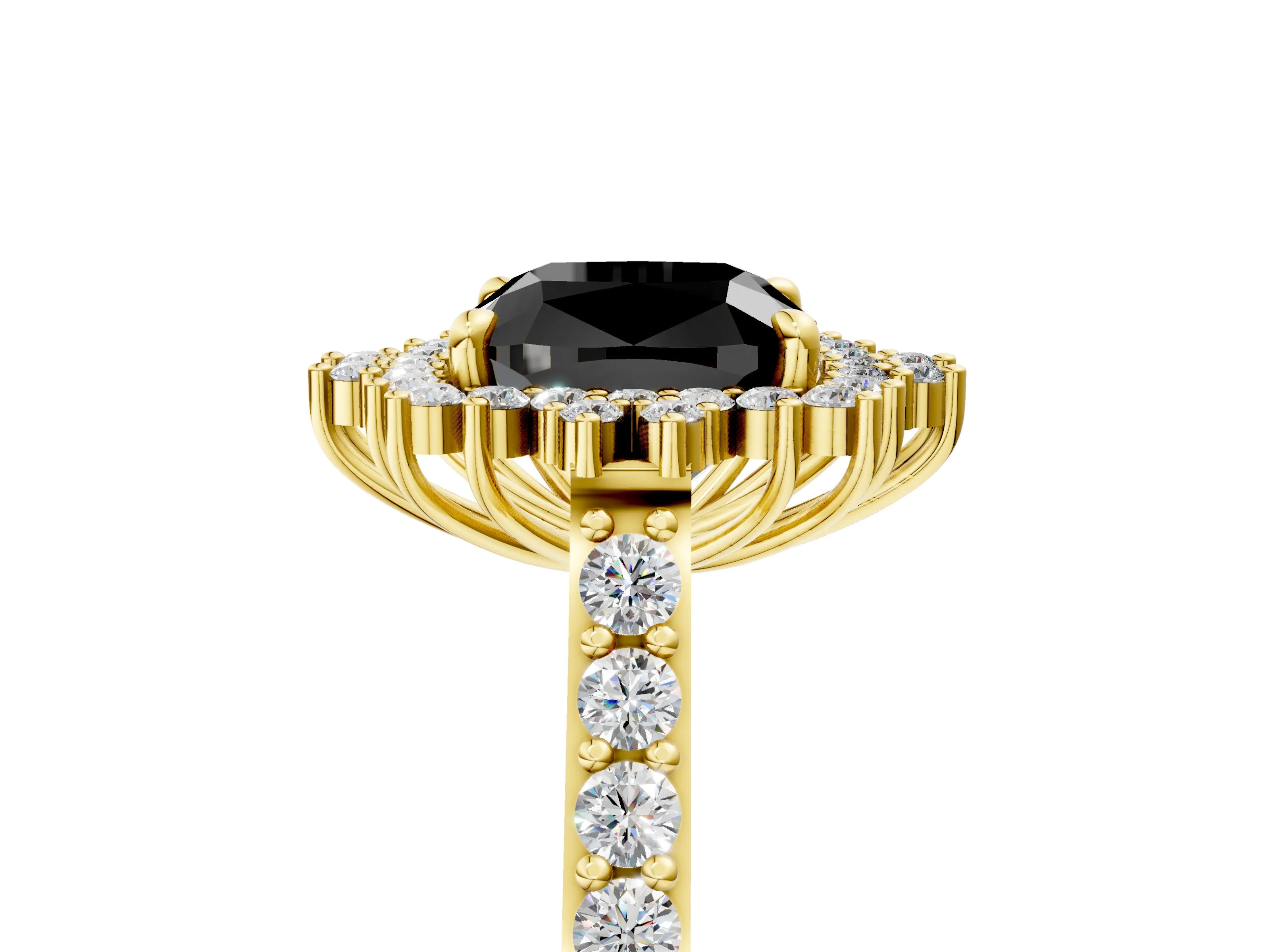 Yellow gold Fancy Black Cushion Cut Cut Diamond Sunburst Halo Engagement Ring with Pavé Band_5