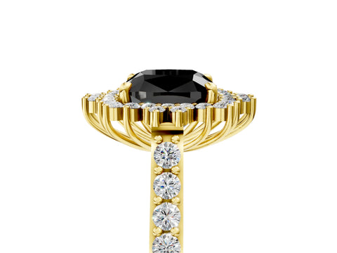 Yellow gold Fancy Black Cushion Cut Cut Diamond Sunburst Halo Engagement Ring with Pavé Band_5