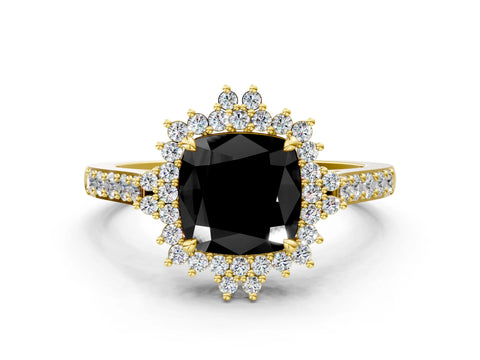 Yellow gold Fancy Black Cushion Cut Cut Diamond Sunburst Halo Engagement Ring with Pavé Band