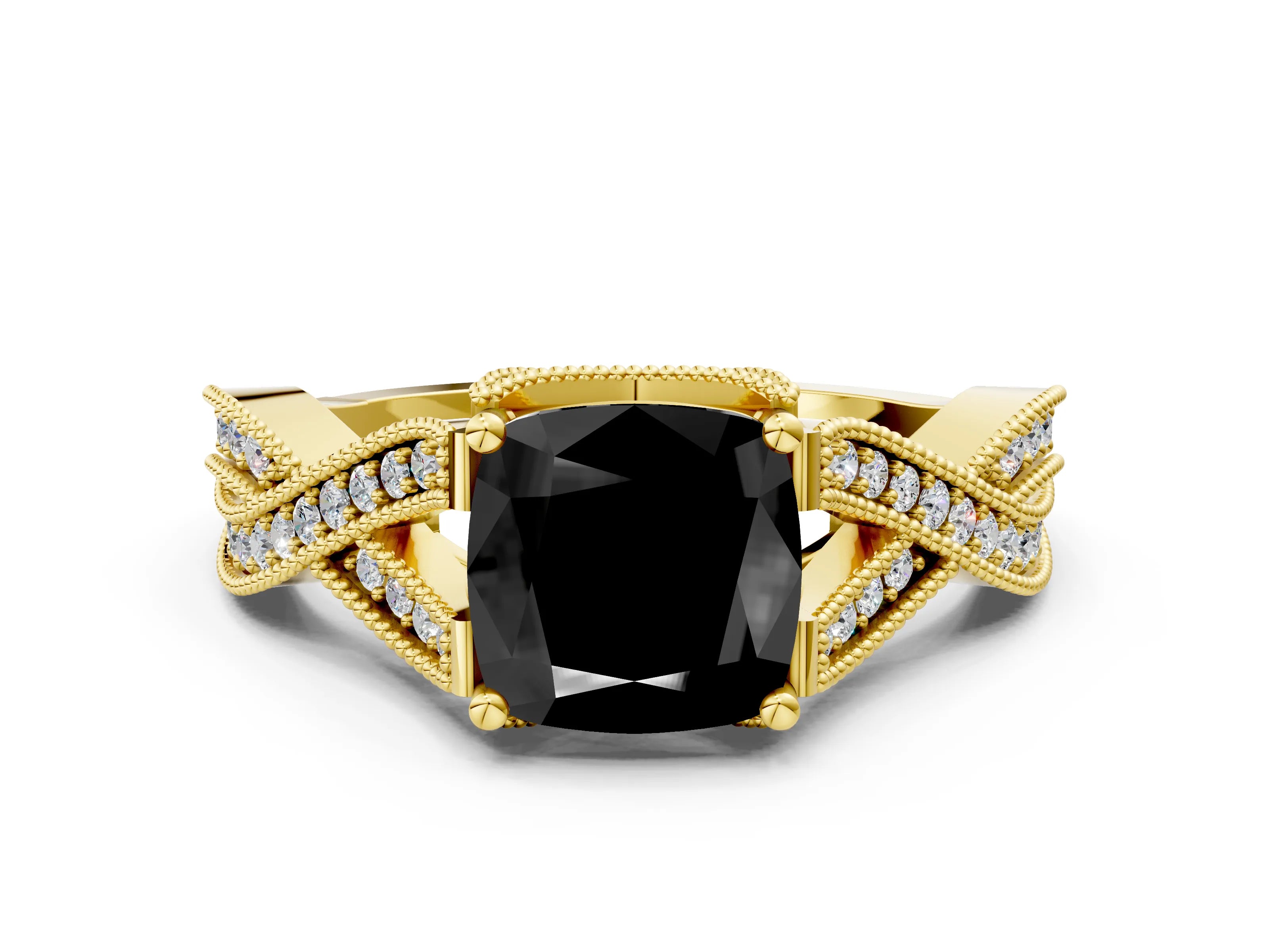 Yellow gold Fancy Black Cushion Cut Cut Diamond Twisted Band with Milgrain Pave Setting and Four-Prong Setting
