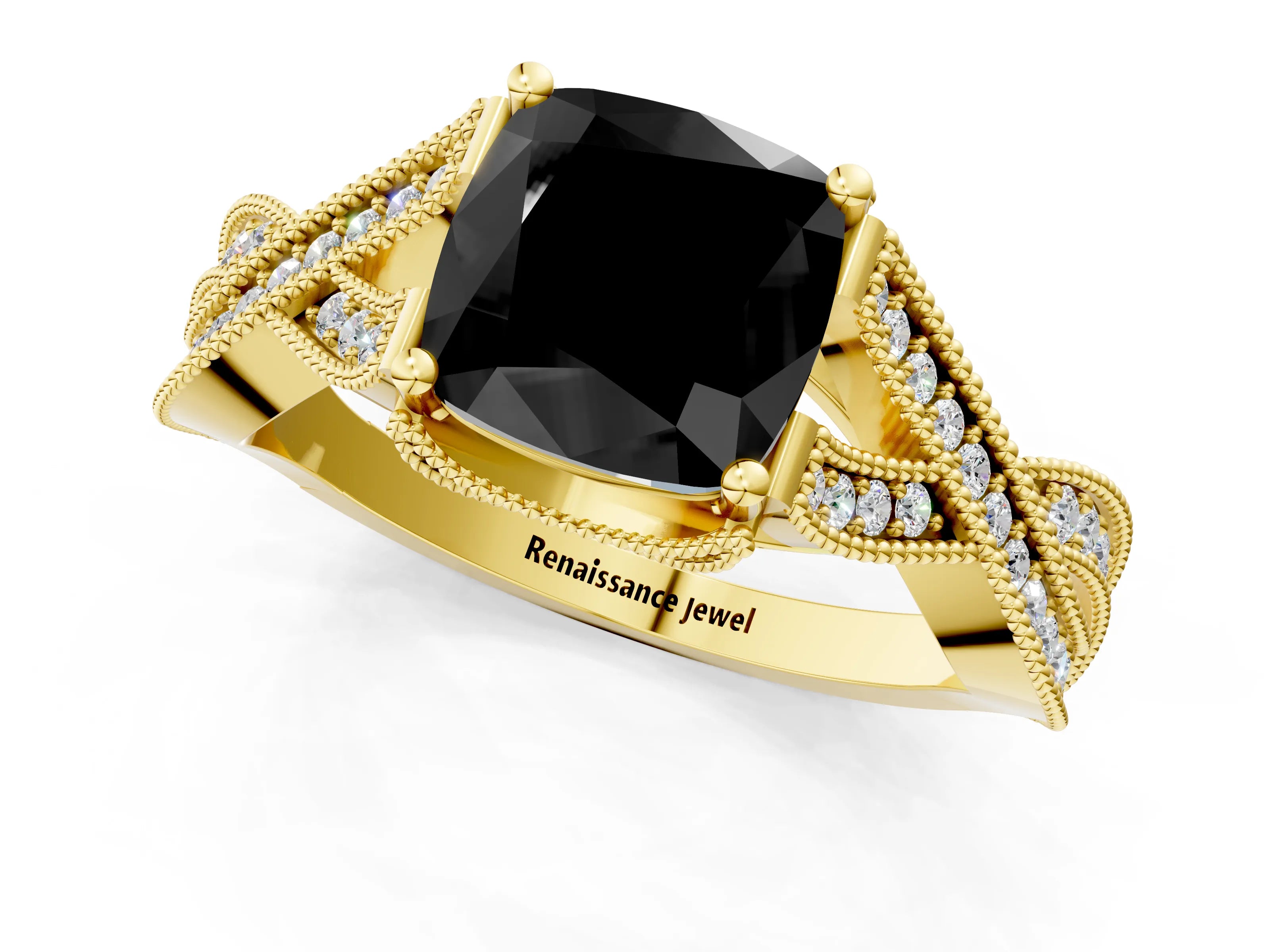 Yellow gold Fancy Black Cushion Cut Cut Diamond Twisted Band with Milgrain Pave Setting and Four-Prong Setting_1