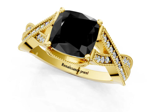 Yellow gold Fancy Black Cushion Cut Cut Diamond Twisted Band with Milgrain Pave Setting and Four-Prong Setting_1