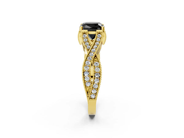 Yellow Gold Cushion Cut Graduated Pave Twist Engagement Ring Setting for Black Center