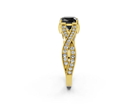 Yellow gold Fancy Black Cushion Cut Cut Diamond Twisted Band with Milgrain Pave Setting and Four-Prong Setting_2